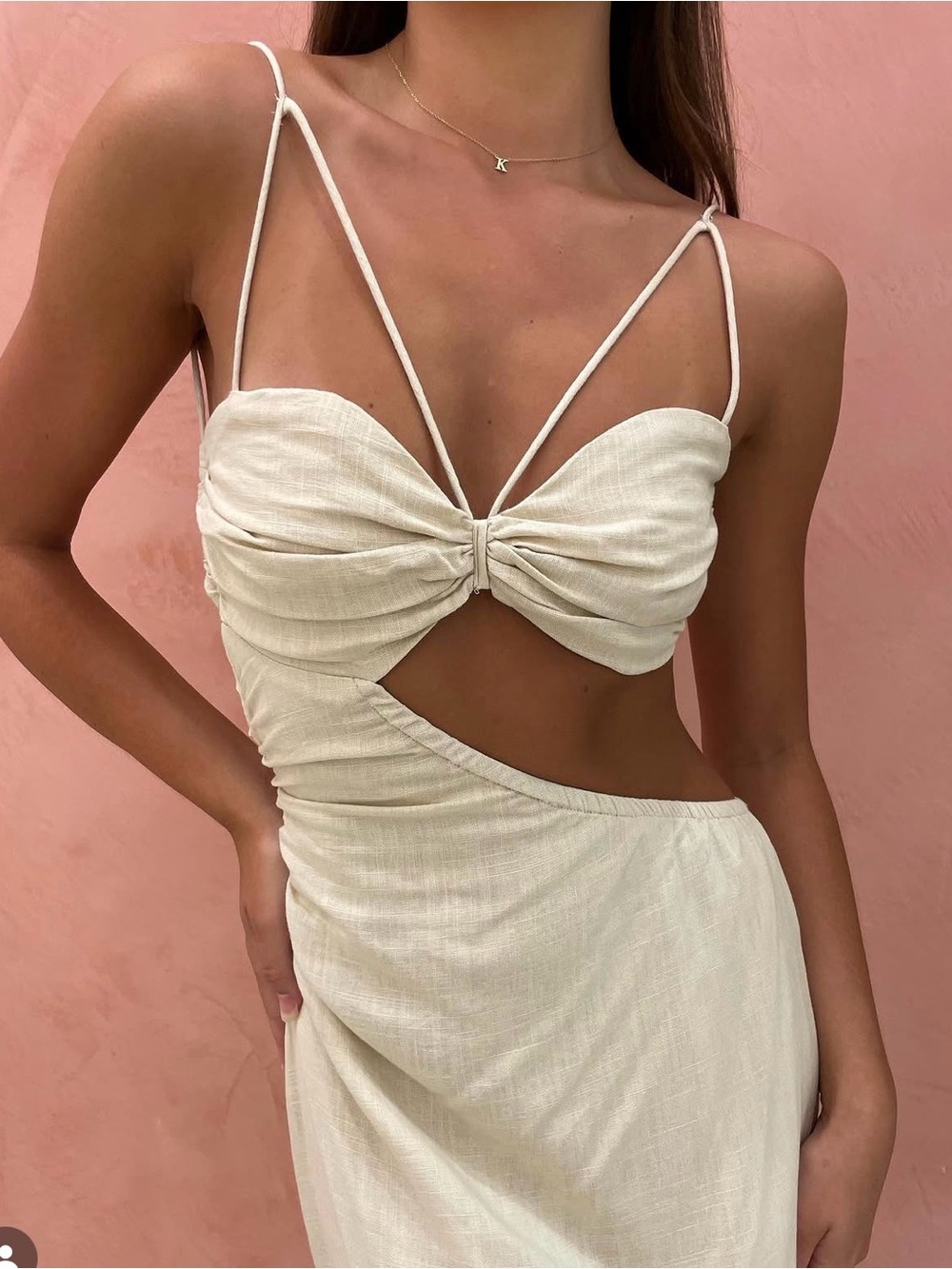 SABO Hope Dress Cream Linen Blend Cut-Out Midi Dress Sz L U.S 8 Spaghetti Strap